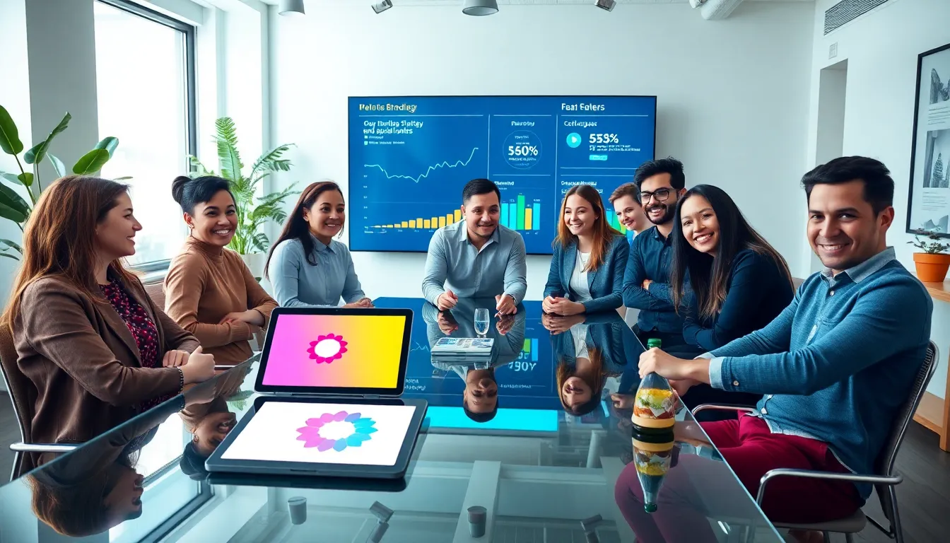 diverse team brainstorming branding strategies in a modern office.